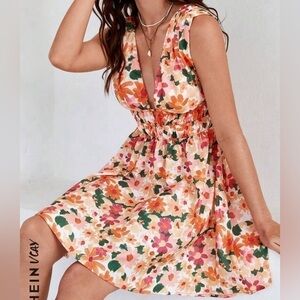 Pink Floral Backless Mini Dress